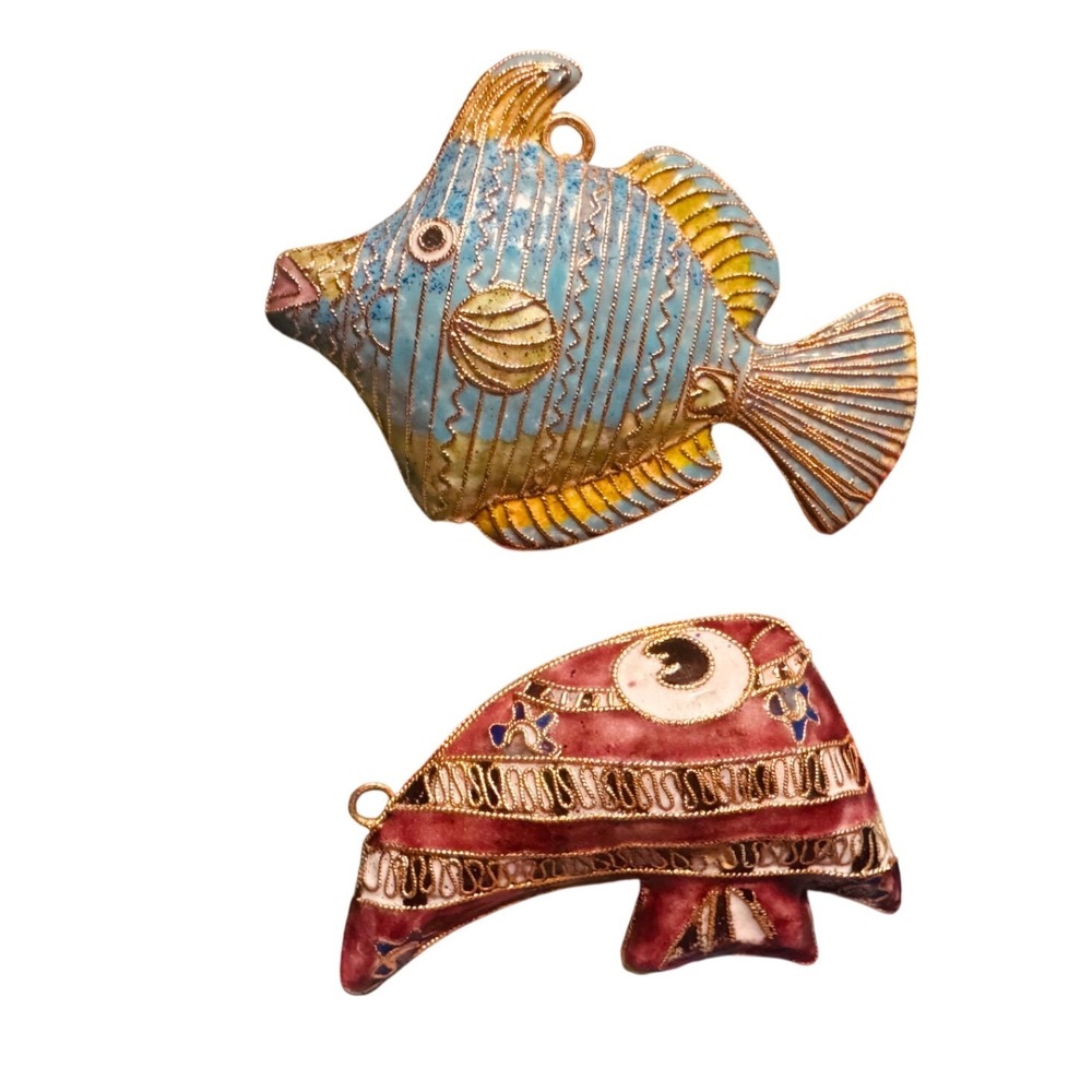 Vintage Cloisonne Enamel Fish Ornaments Set of 2 Gold colored Filigree EUC